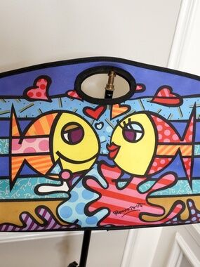 Romero Britto "Deeply in Love" tote bag featuring vibrant pop art of kissing fis
